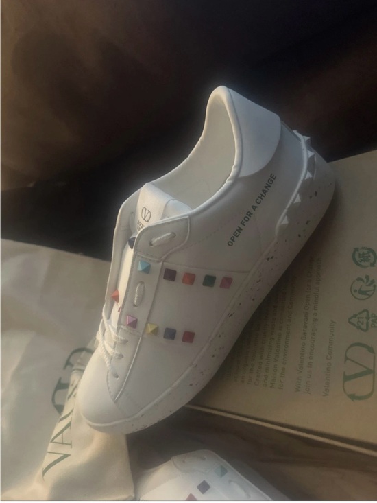 Valentino Garavani Shoes - Valentino Garavani White Leather Sneakers with Multicolor Studs Just in time